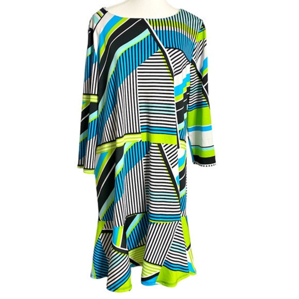 New Directions Blue, Green, White, and Black Multi Direction‎ Midi Dress